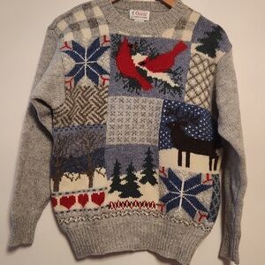 Orvis Winter Intarsia Gray Wool  Cardinal Birds Moose Snowflakes Sweater Sz M